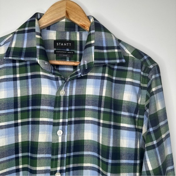 STANTT Men’s Brushed Twill Button Down Shirt Blue/Green Plaid Neck 16 - Picture 1 of 7